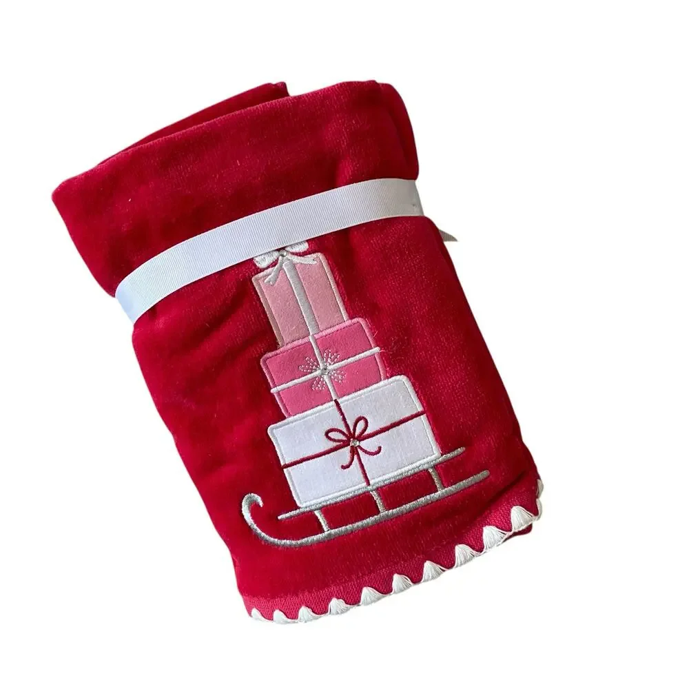 2pc Kassatex Christmas Hand Towels Embroidered Presents on Sled Red Pink NEW